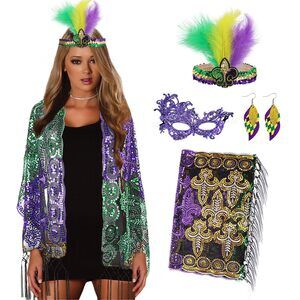 5178 4pcs Mardi Gras Outfit For Women,shawl Scarf With Mardi